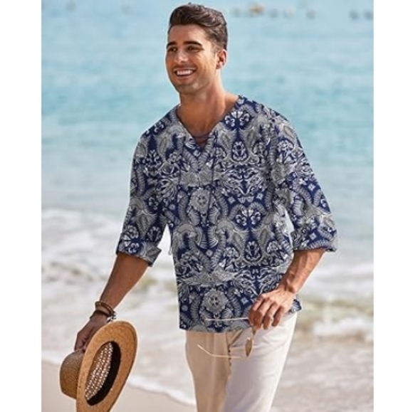 Mens Linen Beach T Shirt Cotton V Neck Yoga Long Sleeve Tunic Blue - Picture 4 of 6